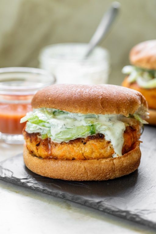 Buffalo Chicken Burgers with Carrot and Celery Slaw