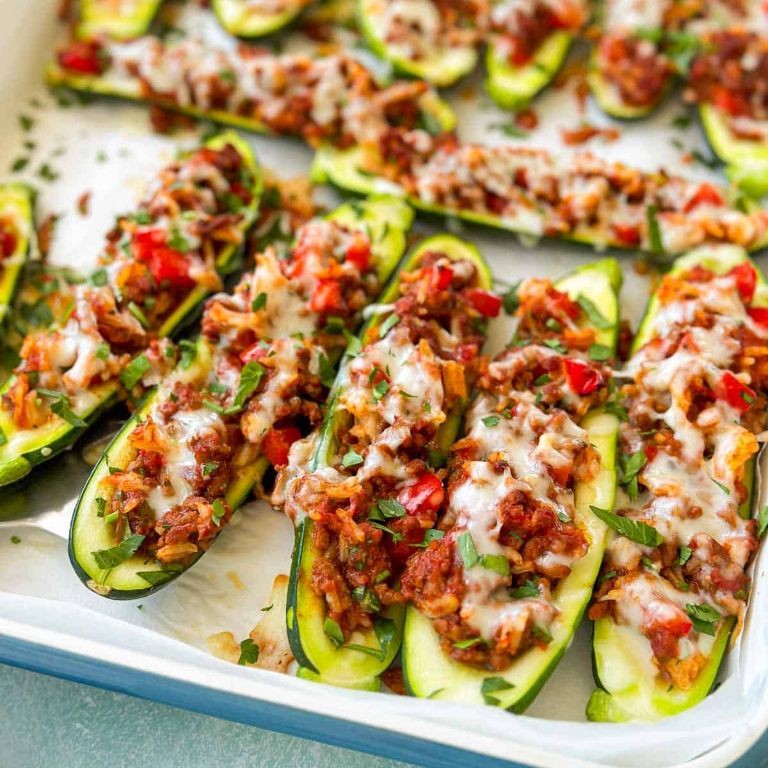 Cheesy Ground Beef and Rice Stuffed Zucchini Boats