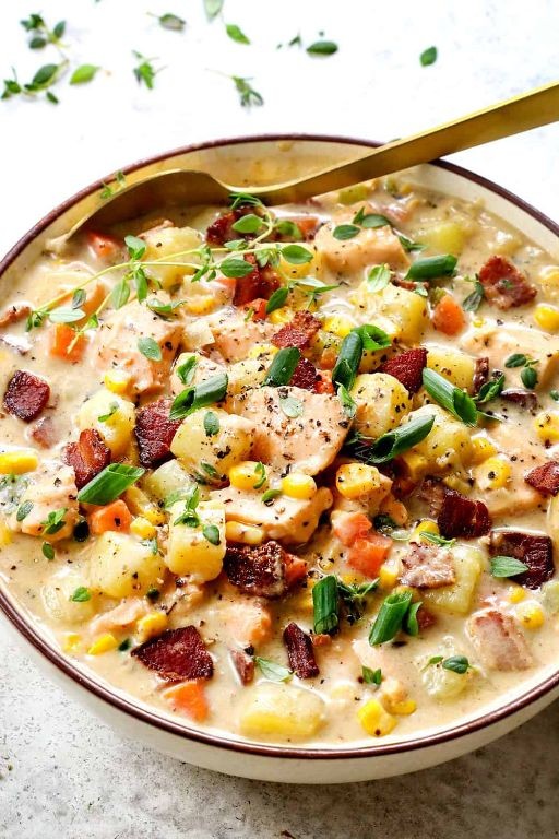 Salmon Chowder with Crispy Bacon
