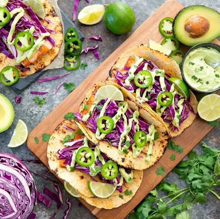Salmon Sushi Tacos with Avocado Crema