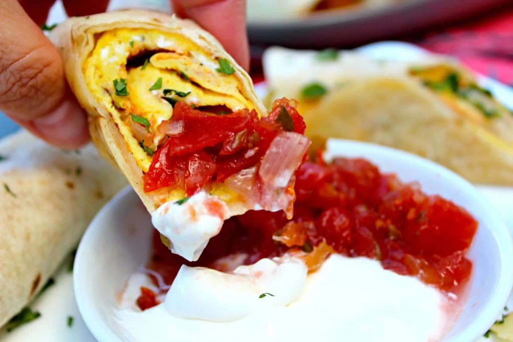 Bacon and Egg Breakfast Flautas with Salsa Roja