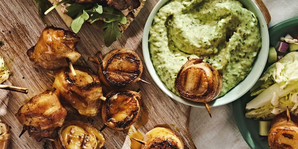 Bacon-Wrapped Scallops with Avocado Cream
