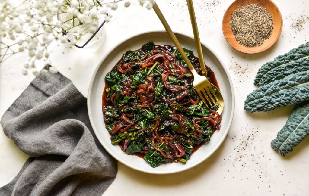 Balsamic Glazed Purple Kale with Caramelized Onions
