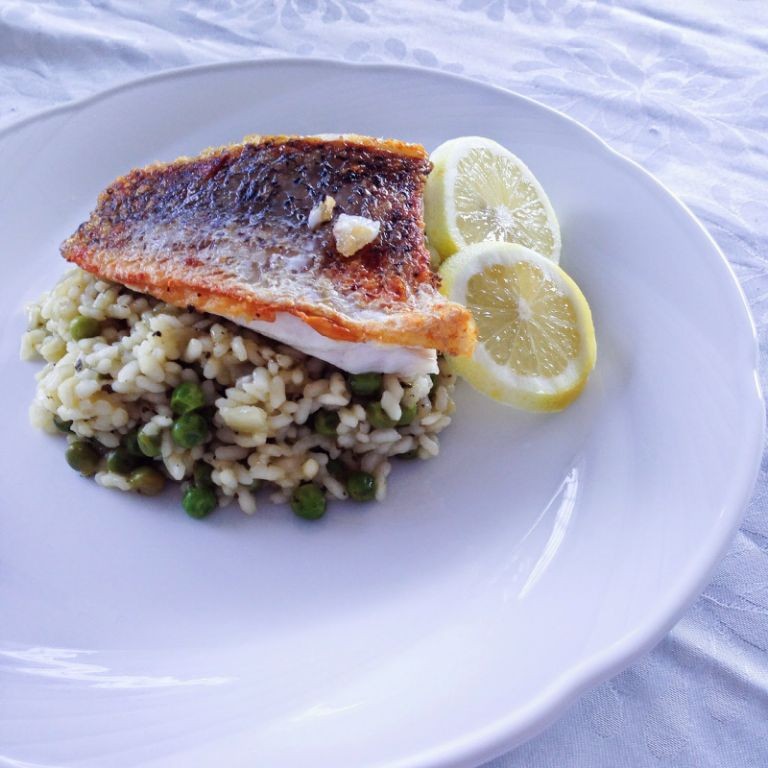 Barramundi Risotto with Lemon and Peas