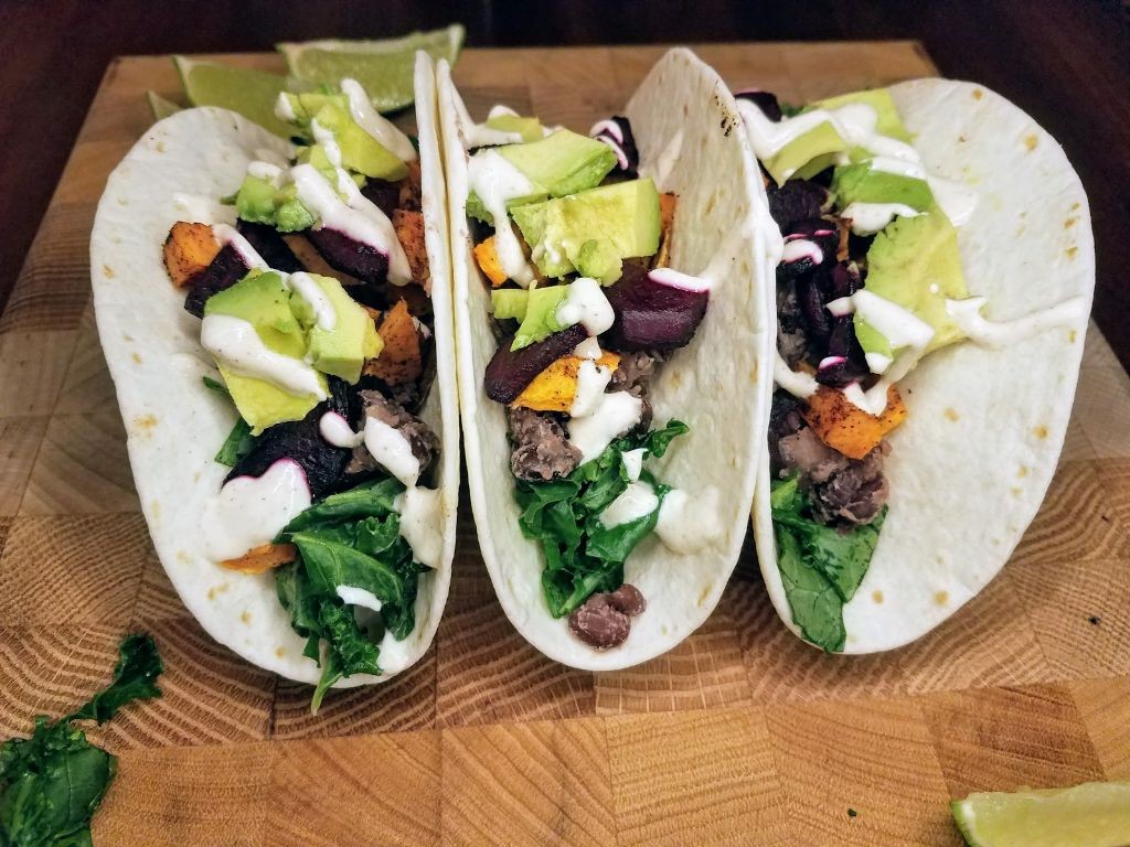 Beet and Black Bean Tacos with Lime Crema