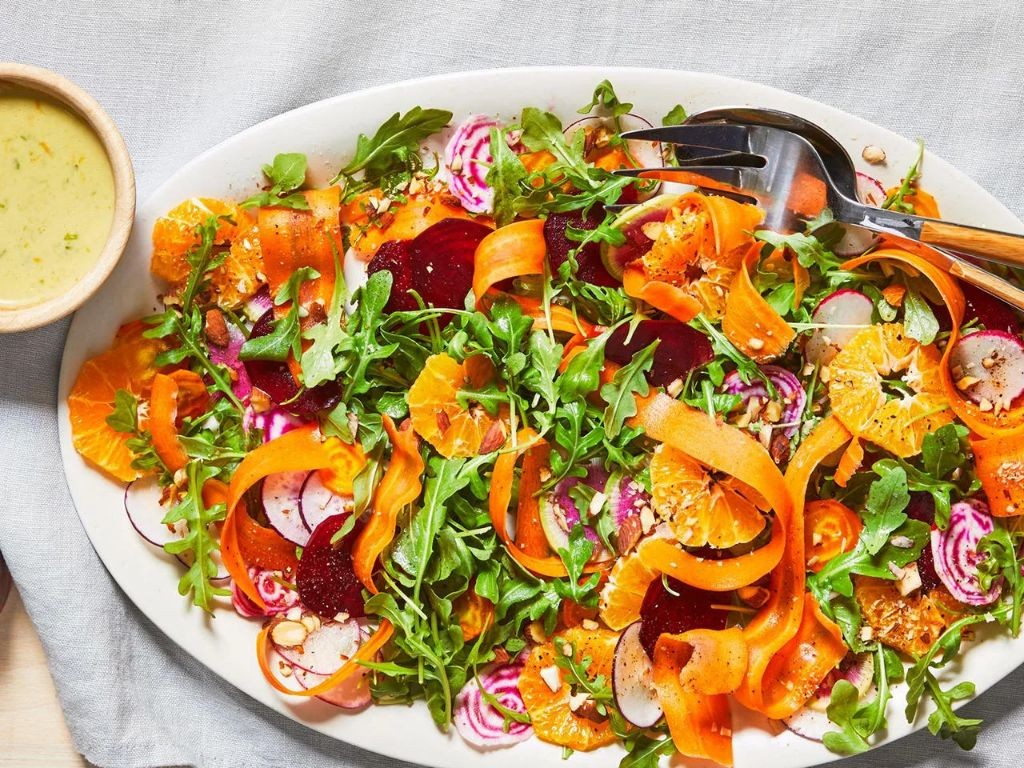 Beetroot and Carrot Ribbon Salad with Citrus Dressing