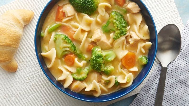 Cheesy Broccoli Chicken Noodle Soup