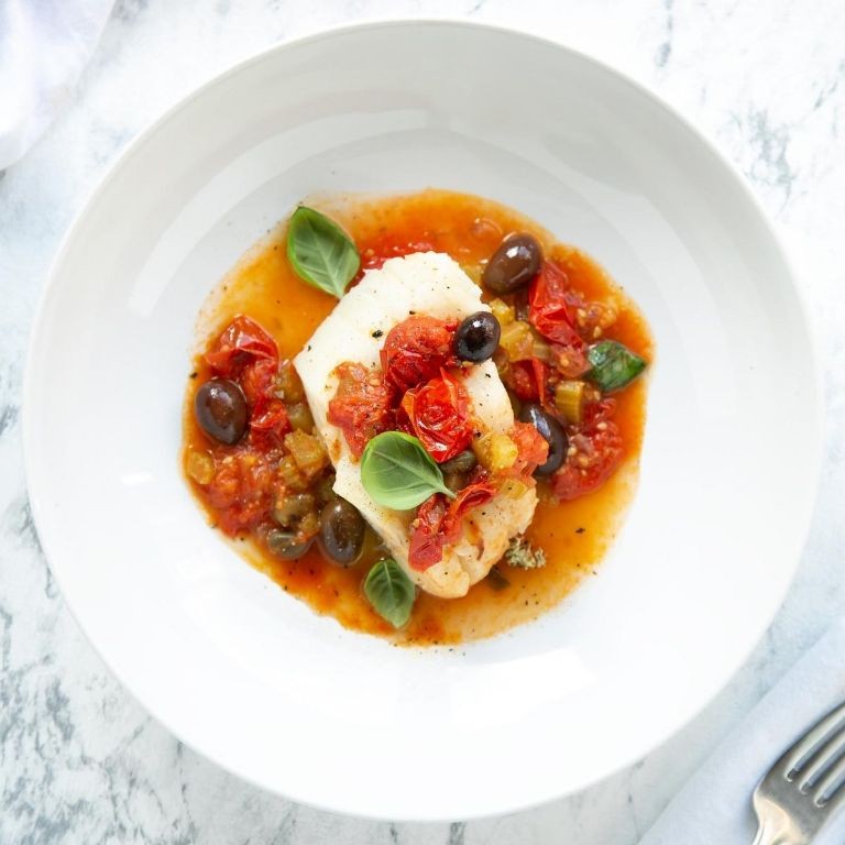 Cod Puttanesca with Mediterranean Flavors