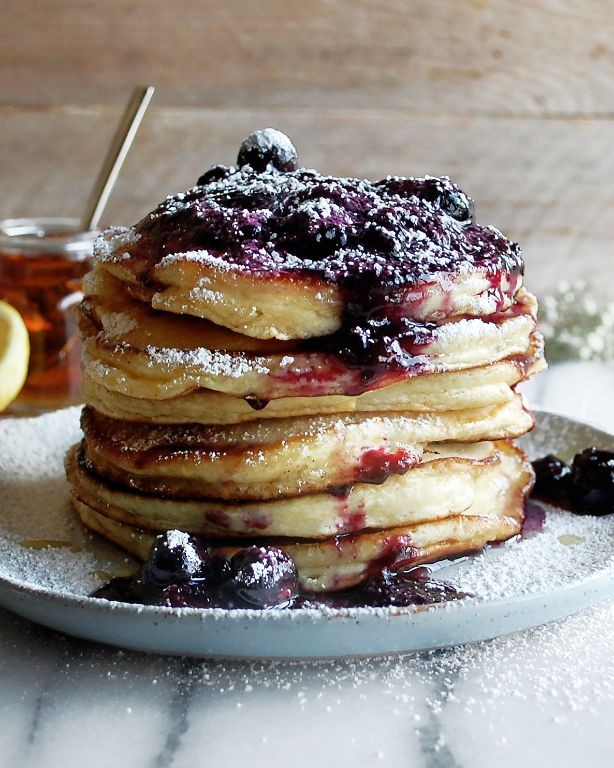 Fluffy Lemon Ricotta Pancakes with Blueberry Compote