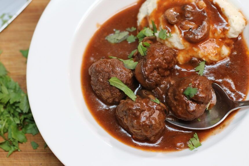 French Meatballs in Red Wine Mushroom Sauce