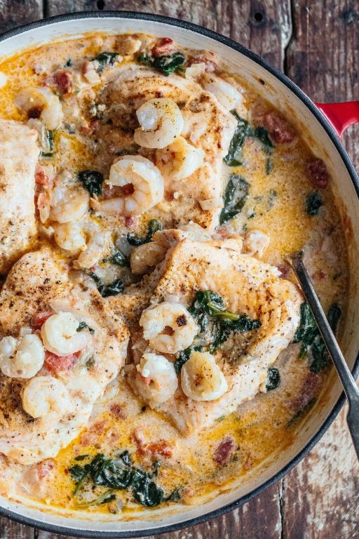 Garlic Butter Salmon and Shrimp Skillet