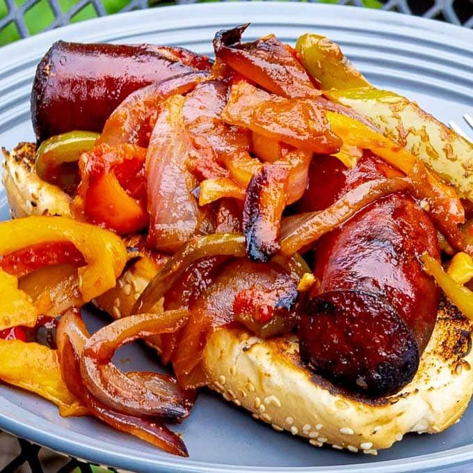 Grilled Chourico with Peppers and Onions