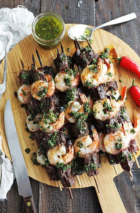 Grilled Steak and Shrimp Kabobs with Chimichurri