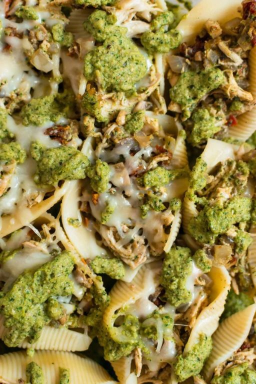 Ground chicken and pesto stuffed shells