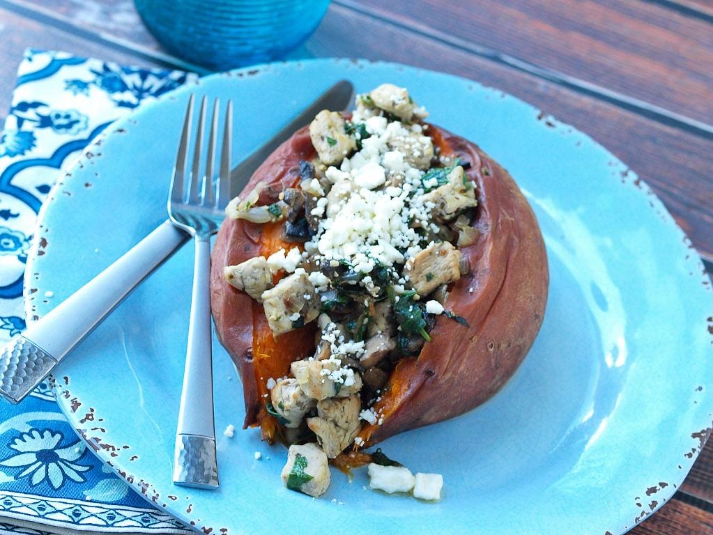 Healthy Chicken Spinach and Mushroom Stuffed Sweet Potatoes