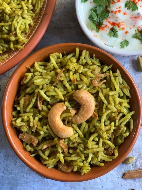 Hyderabadi Spinach Biryani with Fried Onions