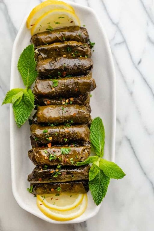 Lebanese Stuffed Vine Leaves with Mint Yogurt