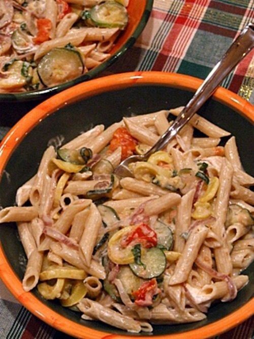 Mostaccioli with Roasted Vegetables and Goat Cheese