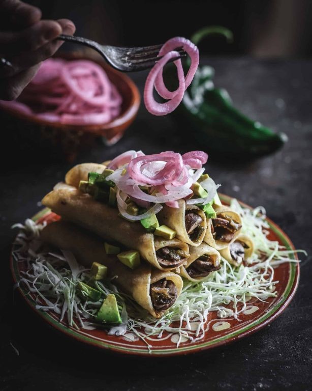 Mushroom and Cheese Flautas with Salsa Verde