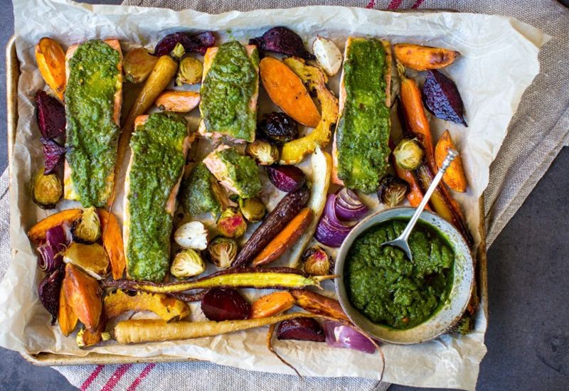 Pesto Baked Salmon with Roasted Veggies