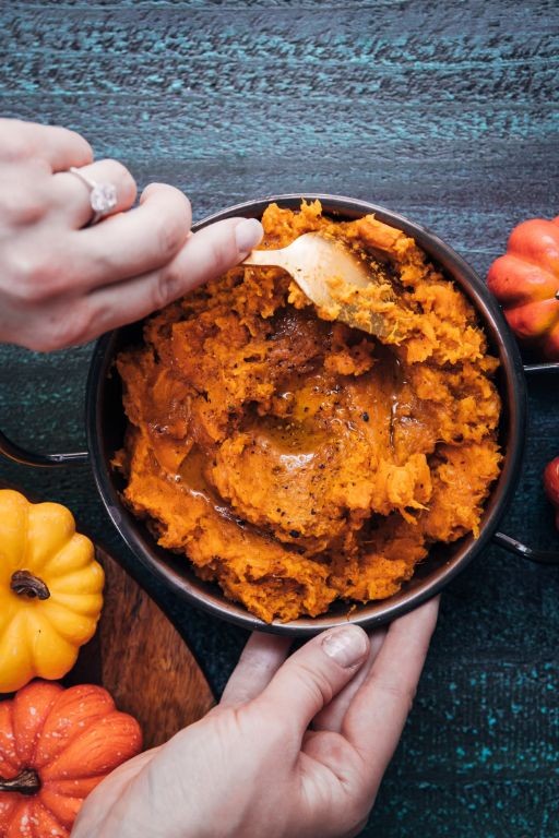 Pumpkin Spice Smashed Sweet Potatoes