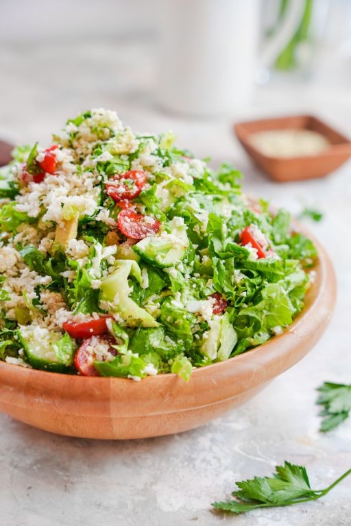 Raw Greek Salad with Cauliflower Tabbouleh