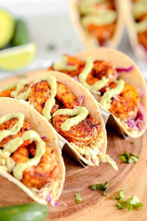 Shrimp Scampi Tacos with Avocado Crema