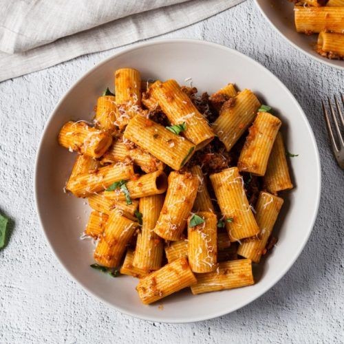 Smoky Bacon Bolognese with Rigatoni