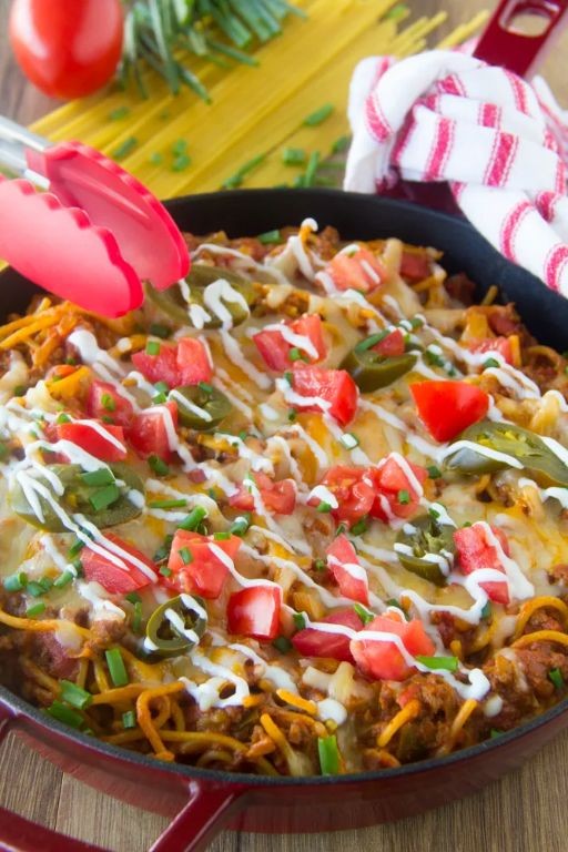 Taco Spaghetti Skillet with Jalapeños