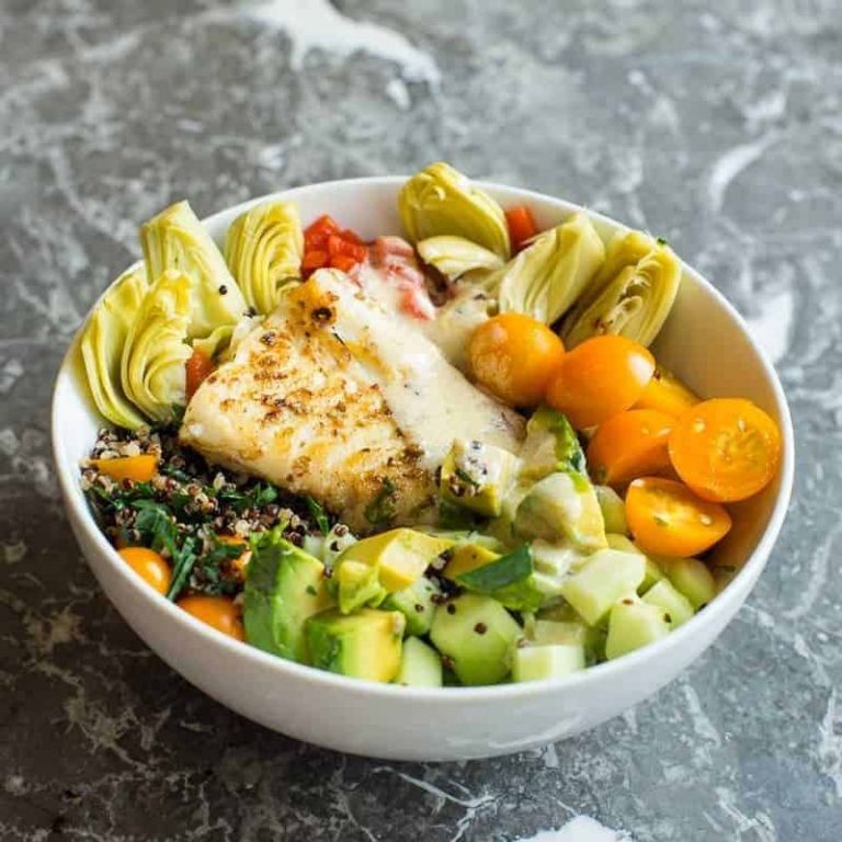 Tilapia and Quinoa Bowl with Tahini Dressing
